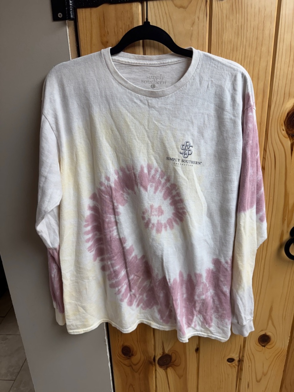 Simply Southern Cream Long Sleeve Tee with Pink Tie-Dye Spiral